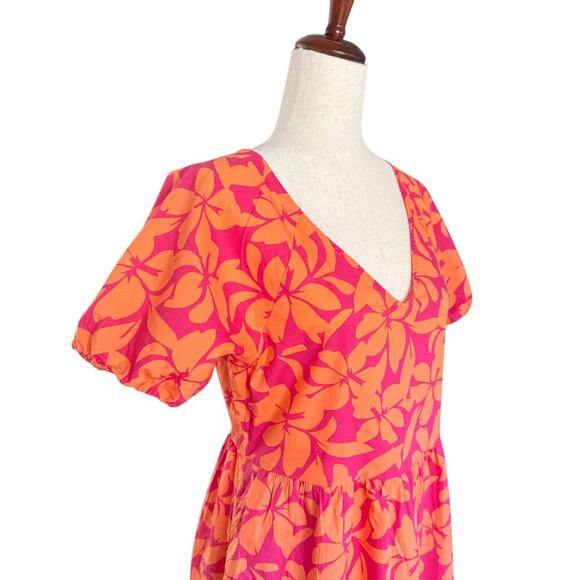 J Crew Dress Womens 4 Pink Orange Floral V Neck Puff Sleeve Tiered Midi Pockets - Picture 3 of 16